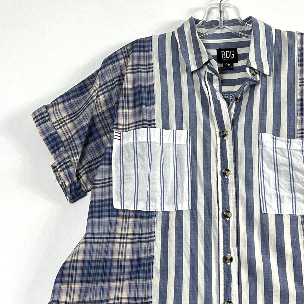 BDG Stevie Spliced Button Down Shirt Short Sleeve Relaxed Blue Womens Small - Picture 4 of 12
